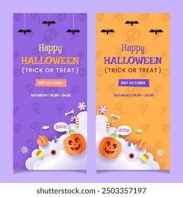 Vertical party banner template for halloween trick or treat with pumpkin and bat design elements paper cut style.
