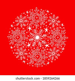 Vertical pattern with beautiful white snowflakes on a red background. Space for text. Christmas vector illustration.