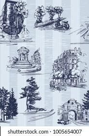 Vertical Pattern with city streets with houses, cars,parks,fountain,scooters and trees in blue color on blue background with stripes toile de jouy stile