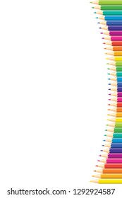Vertical pattern Colored pencils with copy space for note, text, on white background. Rainbow colors. Bright print. Page for notebook.