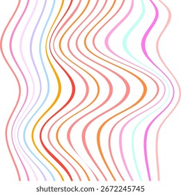 Vertical pattern of colorful wavy lines in shades of pink, orange, red, light blue, and purple on white background, creating textured, rhythmic, vibrant, and visually appealing abstract design