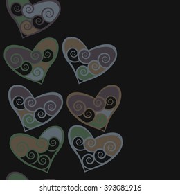 Vertical  pattern, doodles,hearts, spirals, spots,seamless,  copy space . Hand drawn.