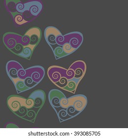 Vertical  pattern, doodles,hearts, spirals, spots,seamless,  copy space . Hand drawn.