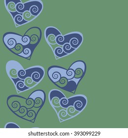 Vertical  pattern, doodles,hearts, spirals, spots,seamless,  copy space . Hand drawn.