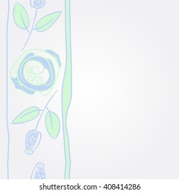 Vertical   pattern of floral motif, doodles, stylized rosy, leaves, spirals, stripes, spots,branches, bud,  copy space. Hand drawn.