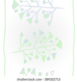 Vertical pattern  of floral motif,branches, spots, doodles, hole, triangles, ellipses, stripes, copy space. Hand drawn.