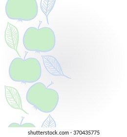 Vertical pattern of fruits, doodles,apples, leaves,half, copy space. Hand drawn.