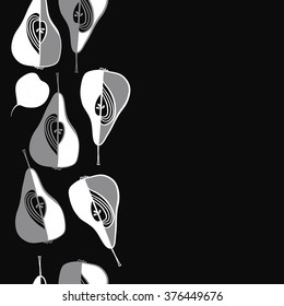 Vertical  pattern of fruits motif, doodles, copy space,leaf, spots,hole, grains, pears,seamless. Hand drawn.