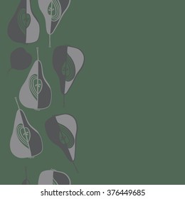 Vertical  pattern of fruits motif, doodles, copy space,leaf, spots,hole, grains, pears,seamless. Hand drawn.