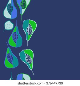 Vertical  pattern of fruits motif, doodles, copy space,leaf, spots,hole, grains, pears,seamless. Hand drawn.