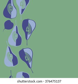 Vertical  pattern of fruits motif, doodles, copy space,leaf, spots,hole, grains, pears,seamless. Hand drawn.