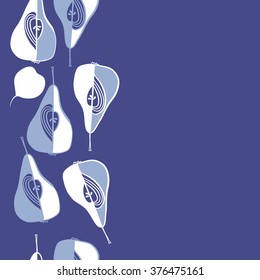 Vertical  pattern of fruits motif, doodles, copy space,leaf, spots,hole, grains, pears,seamless. Hand drawn.