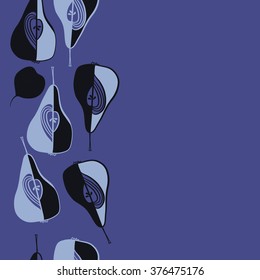 Vertical  pattern of fruits motif, doodles, copy space,leaf, spots,hole, grains, pears,seamless. Hand drawn.