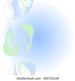 Vertical pattern  of fruits motif, pears, doodles, hole, spots,spirals, copy space. Hand drawn.