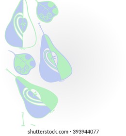 Vertical  pattern  of fruits motif, pears, doodles, hole, spots,spirals, leaves, copy space. Hand drawn.
