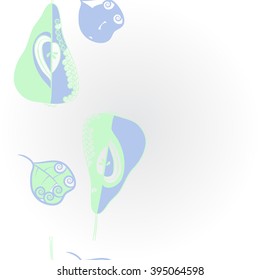 Vertical    pattern of fruits motif, pears, leaves, spirals, hole, spots, copy space . Hand drawn.
