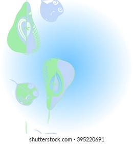 Vertical    pattern of fruits motif, pears, leaves, spirals, hole, spots, copy space . Hand drawn.