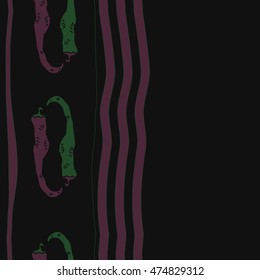 Vertical pattern with hot peppers,striped, seamless . Hand drawn.