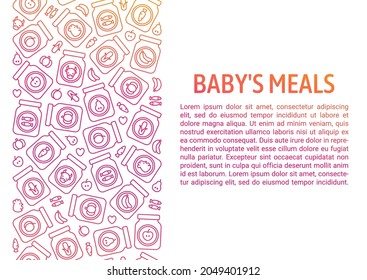 Vertical pattern with jars of baby's meals. Fruit, meat and vegetable puree with corn, pumpkin, apple, banana, carrot, pear, fish, peach, beef and chicken. Vector pink background with place for text