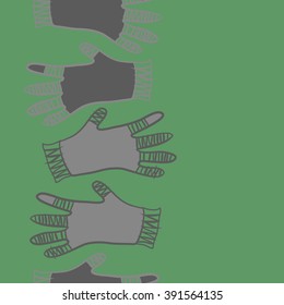 Vertical pattern of mittens, doodles, hole, zigzag, seamless , copy space. Hand drawn.