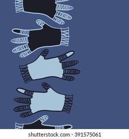 Vertical pattern of mittens, doodles, hole, zigzag, seamless , copy space. Hand drawn.