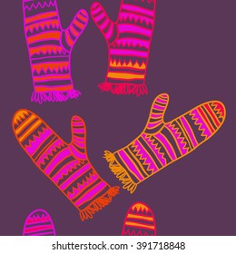 Vertical pattern of mittens, doodles, hole, zigzag, seamless ,fringe, copy space. Hand drawn.