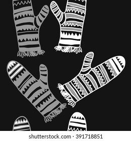 Vertical pattern of mittens, doodles, hole, zigzag, seamless ,fringe, copy space. Hand drawn.