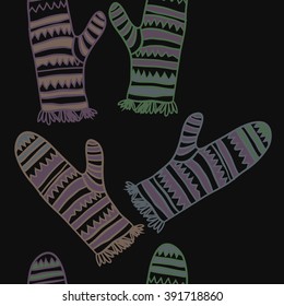 Vertical pattern of mittens, doodles, hole, zigzag, seamless ,fringe, copy space. Hand drawn.