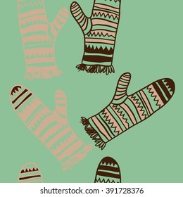 Vertical pattern of mittens, doodles, hole, zigzag, seamless ,fringe, copy space. Hand drawn.