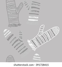 Vertical pattern of mittens, doodles, hole, zigzag, seamless ,fringe, copy space. Hand drawn.