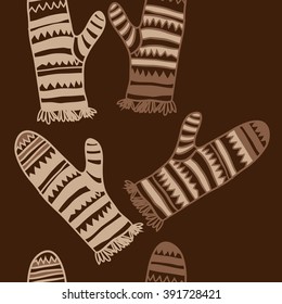Vertical pattern of mittens, doodles, hole, zigzag, seamless ,fringe, copy space. Hand drawn.