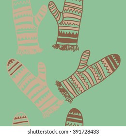 Vertical pattern of mittens, doodles, hole, zigzag, seamless ,fringe, copy space. Hand drawn.