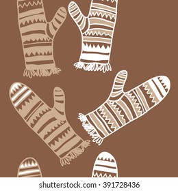 Vertical pattern of mittens, doodles, hole, zigzag, seamless ,fringe, copy space. Hand drawn.