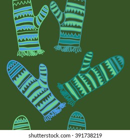 Vertical pattern of mittens, doodles, hole, zigzag, seamless ,fringe, copy space. Hand drawn.