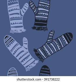 Vertical pattern of mittens, doodles, hole, zigzag, seamless ,fringe, copy space. Hand drawn.