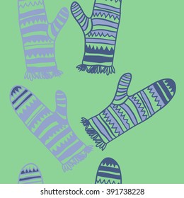 Vertical pattern of mittens, doodles, hole, zigzag, seamless ,fringe, copy space. Hand drawn.