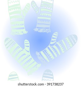 Vertical pattern of mittens, doodles, hole, zigzag,   fringe, copy space. Hand drawn.