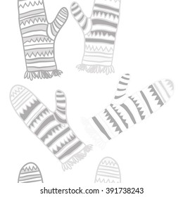 Vertical pattern of mittens, doodles, hole, zigzag, seamless ,fringe, copy space. Hand drawn.