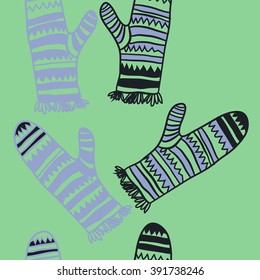 Vertical pattern of mittens, doodles, hole, zigzag, seamless ,fringe, copy space. Hand drawn.