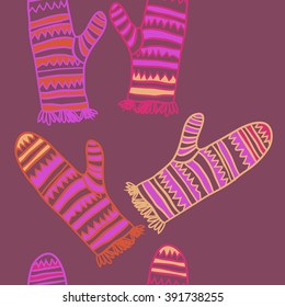 Vertical pattern of mittens, doodles, hole, zigzag, seamless ,fringe, copy space. Hand drawn.