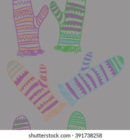 Vertical pattern of mittens, doodles, hole, zigzag, seamless ,fringe, copy space. Hand drawn.