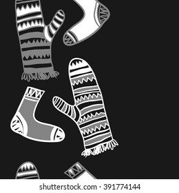 Vertical pattern of mittens,socks, doodles, hole, zigzag, seamless ,fringe, copy space. Hand drawn.