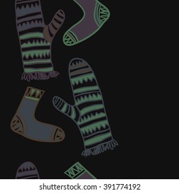Vertical pattern of mittens,socks, doodles, hole, zigzag, seamless ,fringe, copy space. Hand drawn.