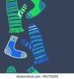 Vertical pattern of mittens,socks, doodles, hole, zigzag, seamless ,fringe, copy space. Hand drawn.