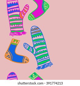 Vertical pattern of mittens,socks, doodles, hole, zigzag, seamless ,fringe, copy space. Hand drawn.