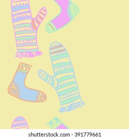 Vertical pattern of mittens,socks, doodles, hole, zigzag, seamless ,fringe, copy space. Hand drawn.