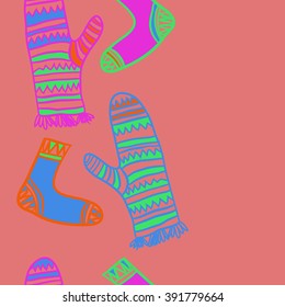 Vertical pattern of mittens,socks, doodles, hole, zigzag, seamless ,fringe, copy space. Hand drawn.