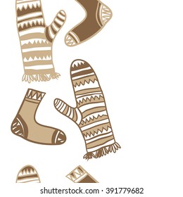 Vertical pattern of mittens,socks, doodles, hole, zigzag, seamless ,fringe, copy space. Hand drawn.