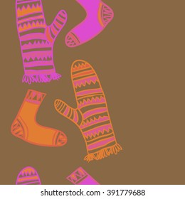 Vertical pattern of mittens,socks, doodles, hole, zigzag, seamless ,fringe, copy space. Hand drawn.