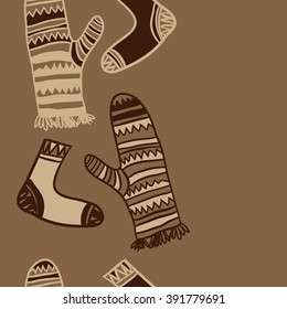 Vertical pattern of mittens,socks, doodles, hole, zigzag, seamless ,fringe, copy space. Hand drawn.